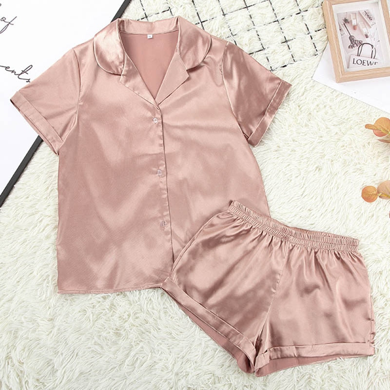 Women Sleepwear Set Pink Turn Down Collar  hort Sleeve Casual 2 Nique's Creation