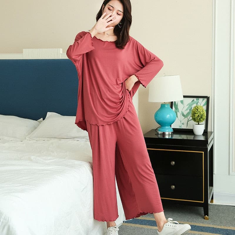 PLUS size women autumn new loose long-sleeved pajamas two-piece set nine-point wide leg pants 2 Nique's Creation