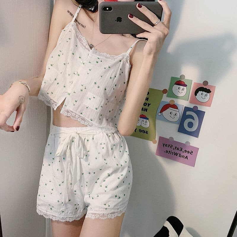 Women Floral Pajama Sets Spaghetti Strap Tops Drawstring Shorts Slim Breathable Cozy Fashion Sleepwear Female Lounge 2 Nique's Creation