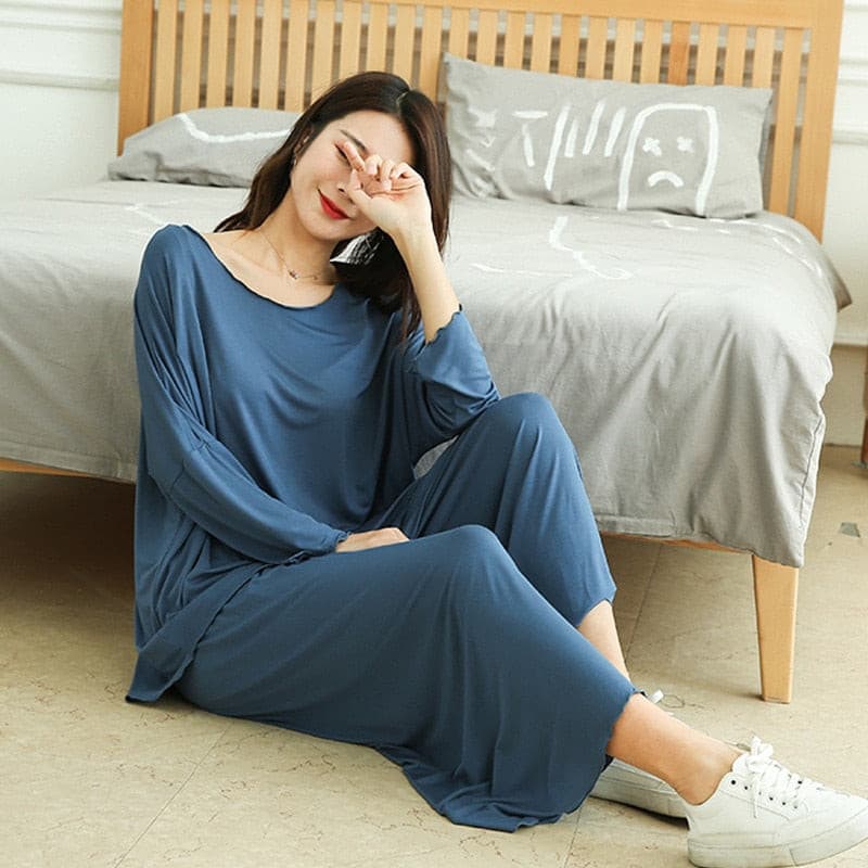 PLUS size women autumn new loose long-sleeved pajamas two-piece set nine-point wide leg pants 2 Nique's Creation