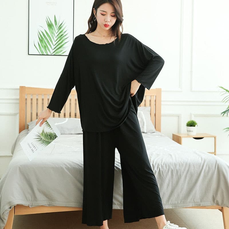 PLUS size women autumn new loose long-sleeved pajamas two-piece set nine-point wide leg pants 2 Nique's Creation