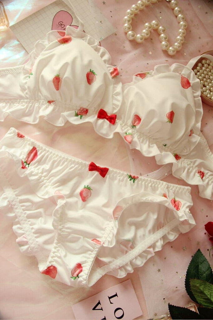 Strawberry Cute Milk Silk Bra Panties Set Wirefree Soft Underwear Set Kawaii Lolita Bra and Panty Set Pink Lingerie 2 Nique's Creation