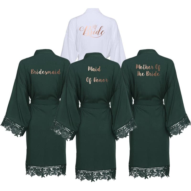 Green or White Solid Cotton Kimono Bride Bridesmaid Robes with Lace Trim 2 Nique's Creation