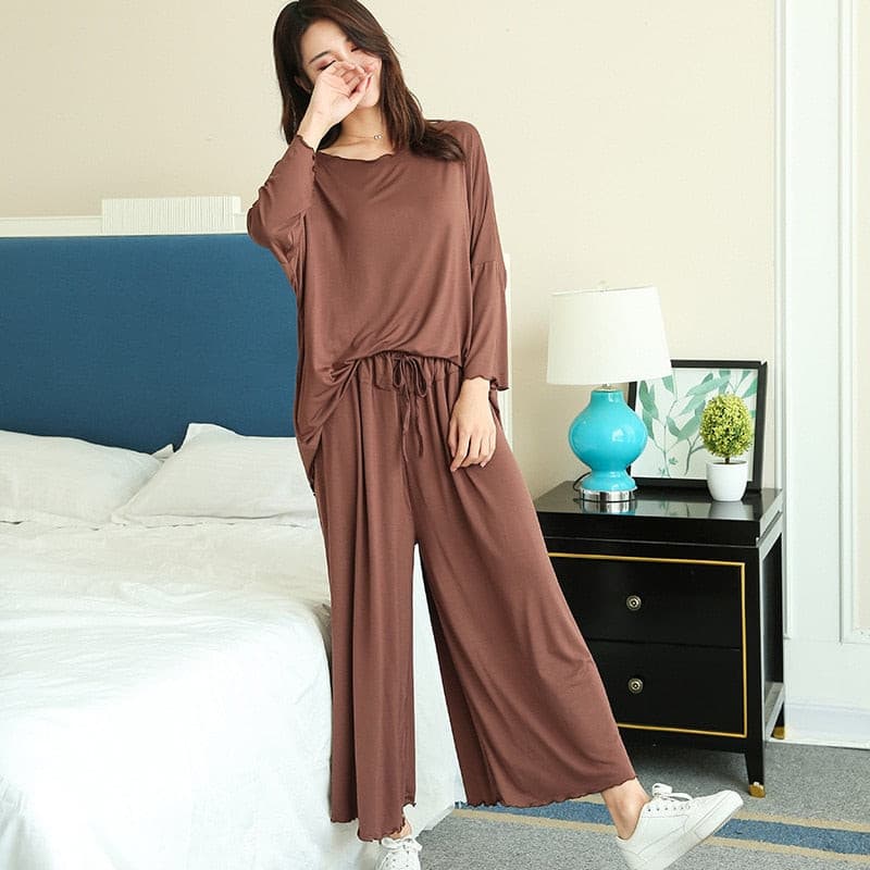 PLUS size women autumn new loose long-sleeved pajamas two-piece set nine-point wide leg pants 2 Nique's Creation