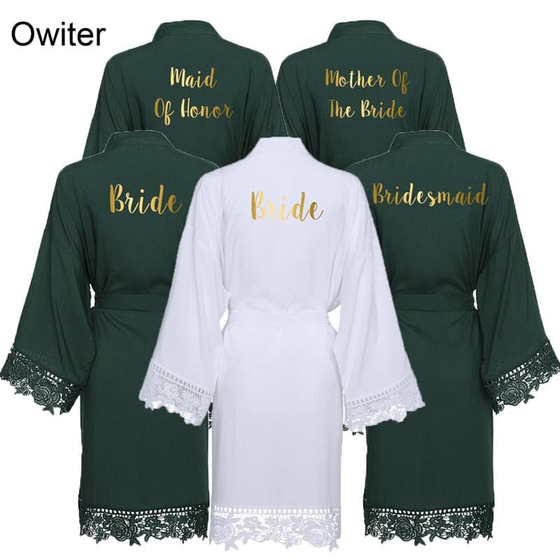 Green or White Solid Cotton Kimono Bride Bridesmaid Robes with Lace Trim 2 Nique's Creation