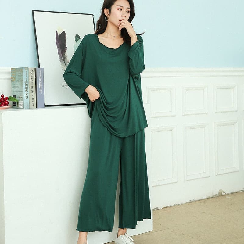 PLUS size women autumn new loose long-sleeved pajamas two-piece set nine-point wide leg pants 2 Nique's Creation