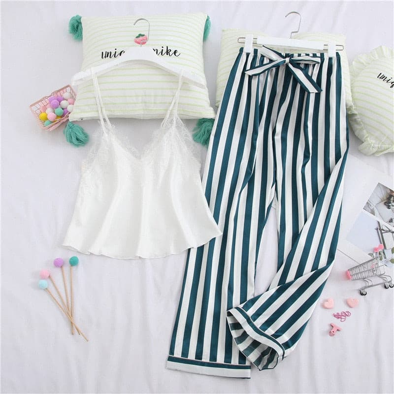 Satin Stripe Women Pajamas Spaghetti Strap Pants Set 2 Nique's Creation