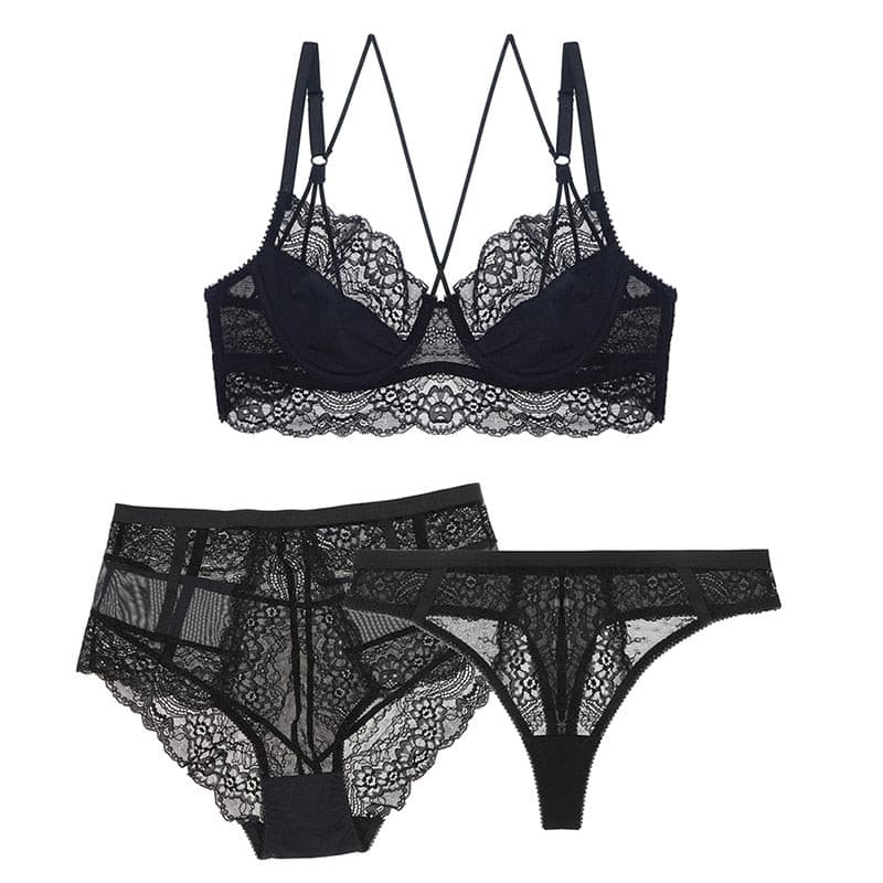 unlined 3/4 cup underwear floral lace 3 pcs bras+high-waist panties+thongs for ladies 2 Nique's Creation