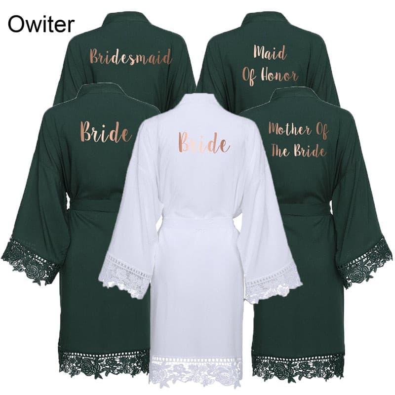 Green or White Solid Cotton Kimono Bride Bridesmaid Robes with Lace Trim 2 Nique's Creation