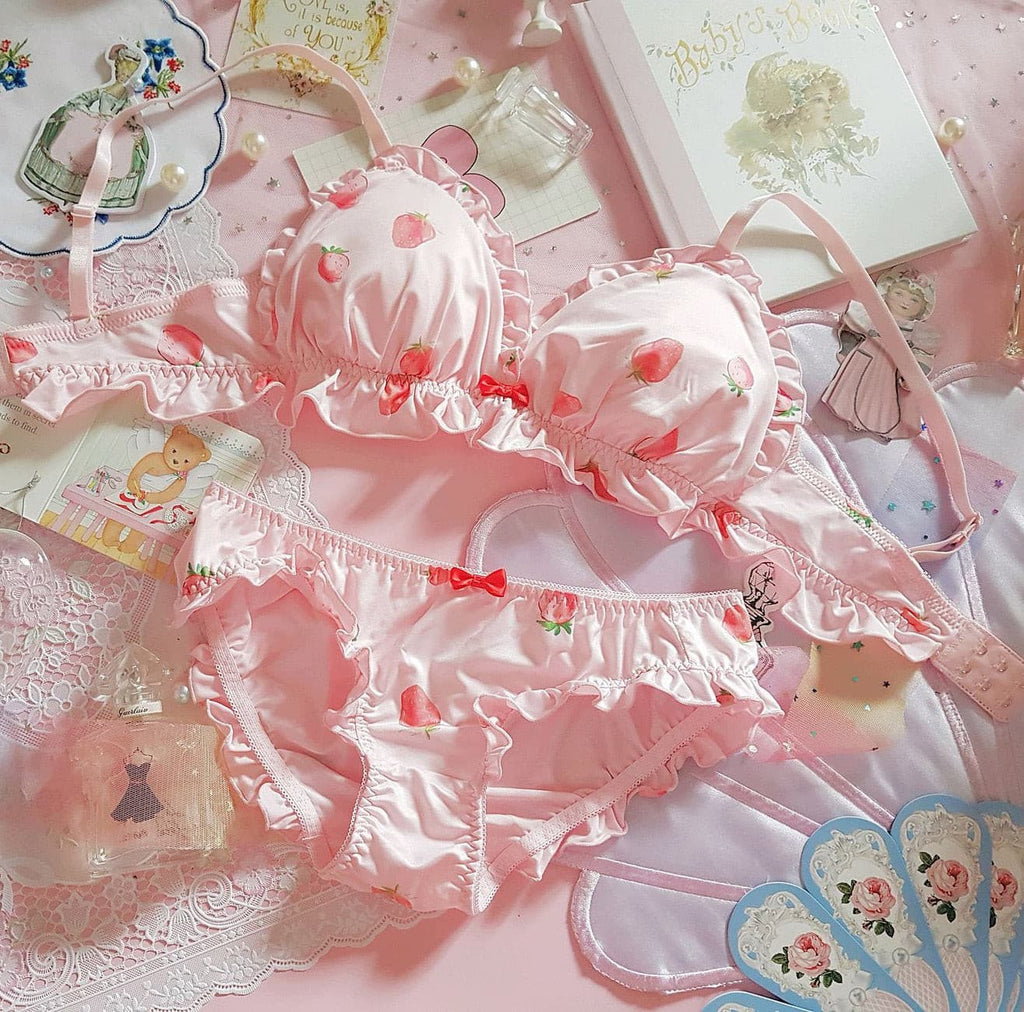 Strawberry Cute Milk Silk Bra Panties Set Wirefree Soft Underwear Set Kawaii Lolita Bra and Panty Set Pink Lingerie 2 Nique's Creation