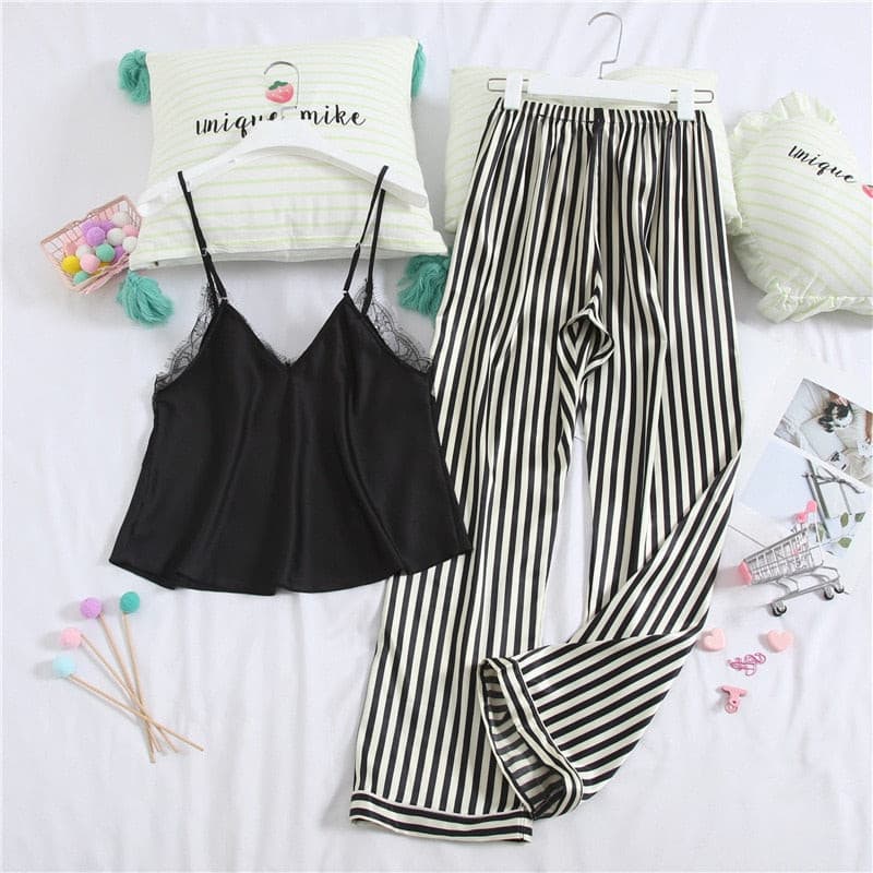 Satin Stripe Women Pajamas Spaghetti Strap Pants Set 2 Nique's Creation