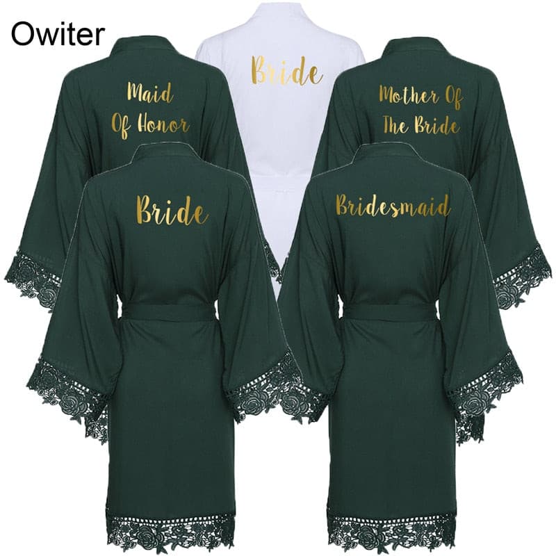 Green or White Solid Cotton Kimono Bride Bridesmaid Robes with Lace Trim 2 Nique's Creation