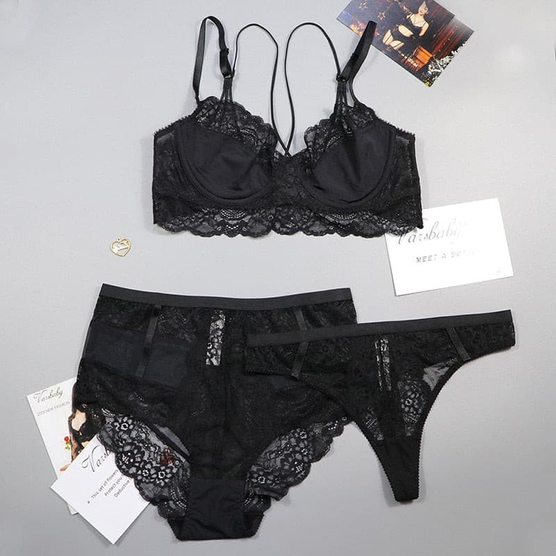 unlined 3/4 cup underwear floral lace 3 pcs bras+high-waist panties+thongs for ladies 2 Nique's Creation