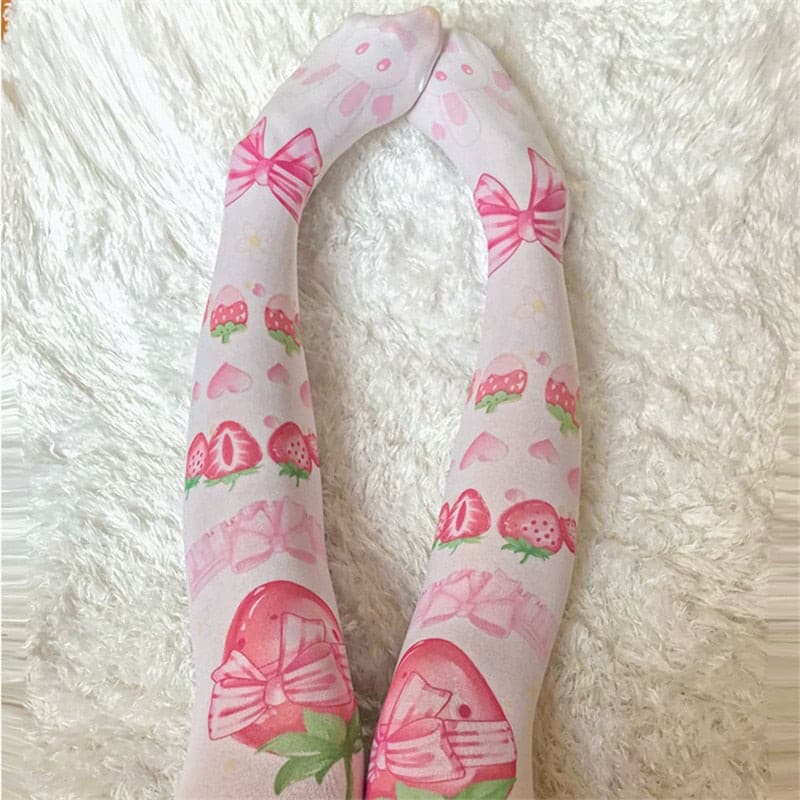 Women Thigh High Stockings 3D Printing Red Strawberry Pink Sweet.