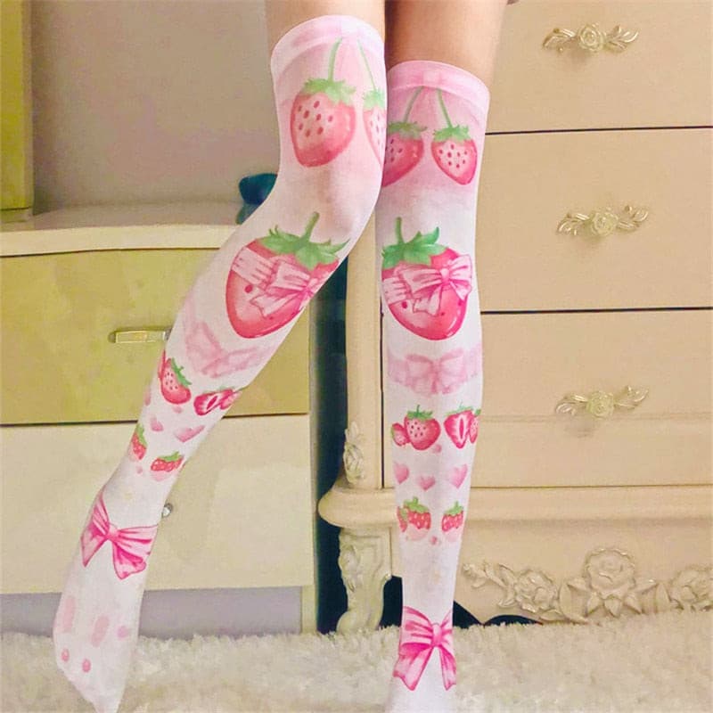 Women Thigh High Stockings 3D Printing Red Strawberry Pink Sweet.