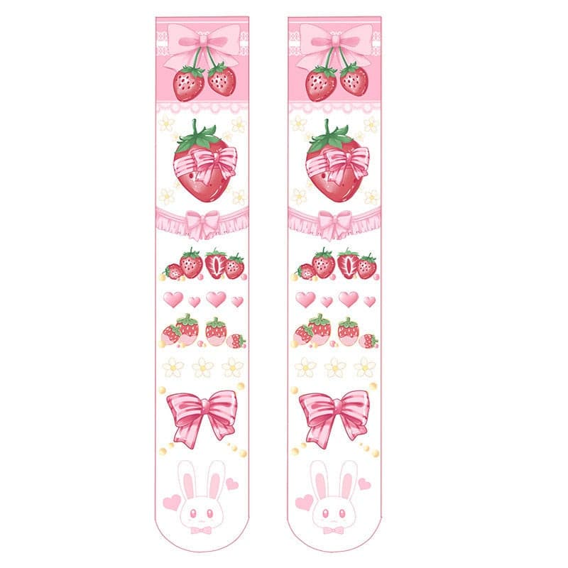 Women Thigh High Stockings 3D Printing Red Strawberry Pink Sweet.