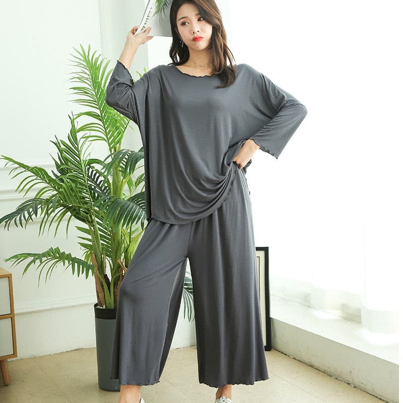 PLUS size women autumn new loose long-sleeved pajamas two-piece set nine-point wide leg pants 2 Nique's Creation