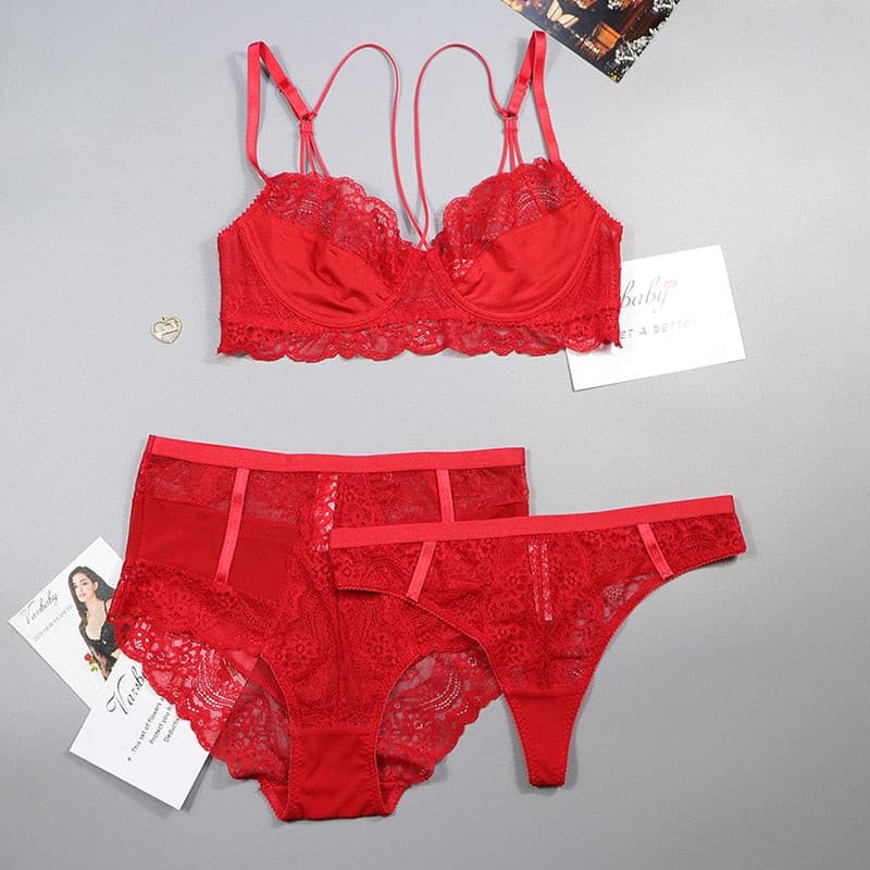 unlined 3/4 cup underwear floral lace 3 pcs bras+high-waist panties+thongs for ladies 2 Nique's Creation