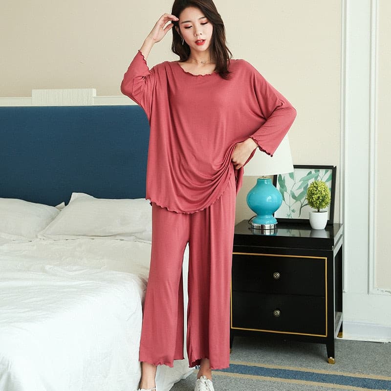 PLUS size women autumn new loose long-sleeved pajamas two-piece set nine-point wide leg pants 2 Nique's Creation