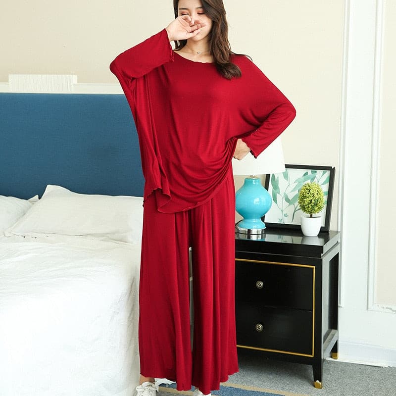 PLUS size women autumn new loose long-sleeved pajamas two-piece set nine-point wide leg pants 2 Nique's Creation