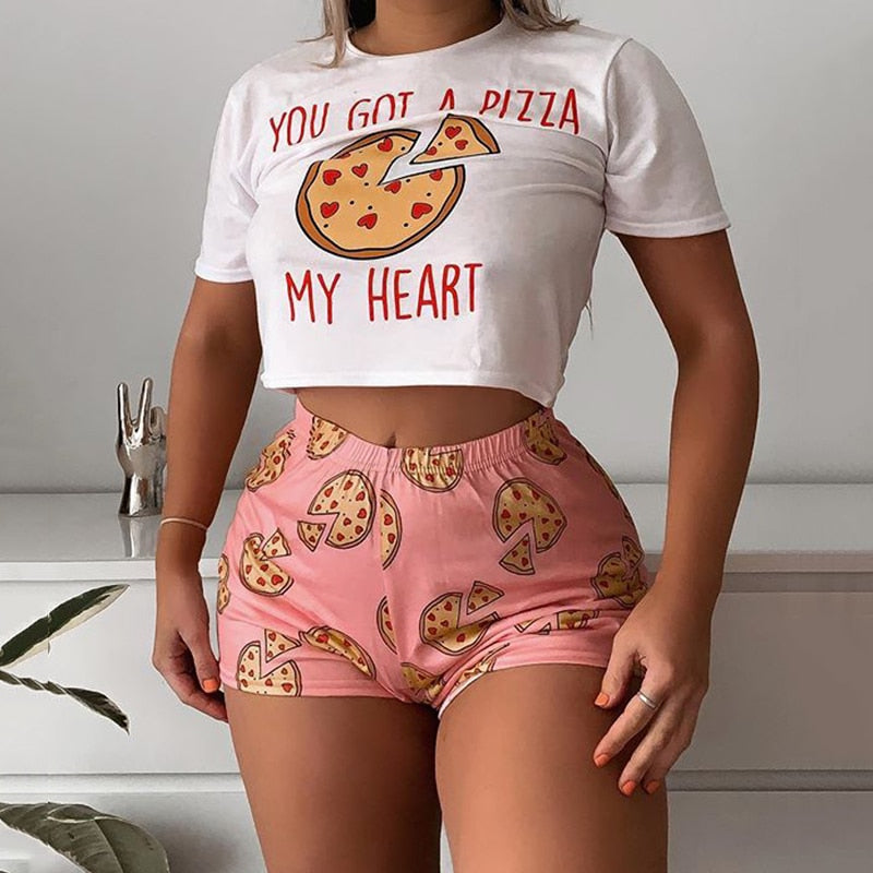 Women Two Short Sleeve Crop Top and Shorts Pizza Pattern  Lounge Wear 2 Nique's Creation