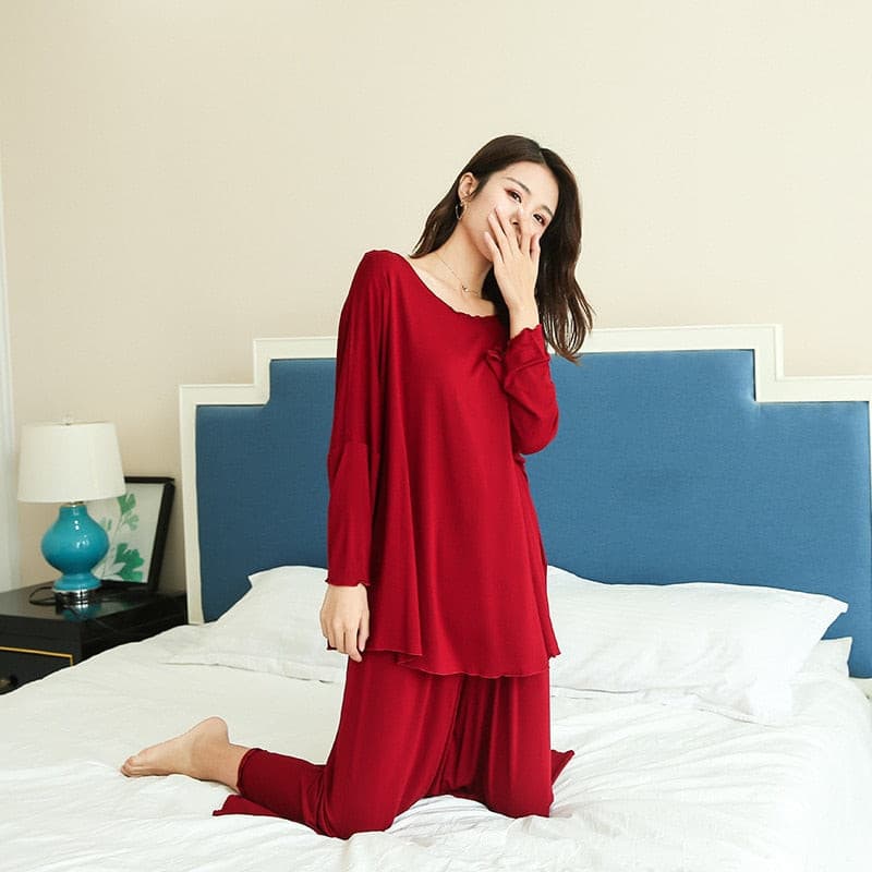 PLUS size women autumn new loose long-sleeved pajamas two-piece set nine-point wide leg pants 2 Nique's Creation