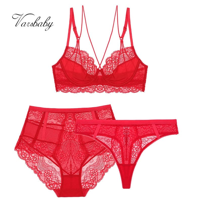 unlined 3/4 cup underwear floral lace 3 pcs bras+high-waist panties+thongs for ladies 2 Nique's Creation