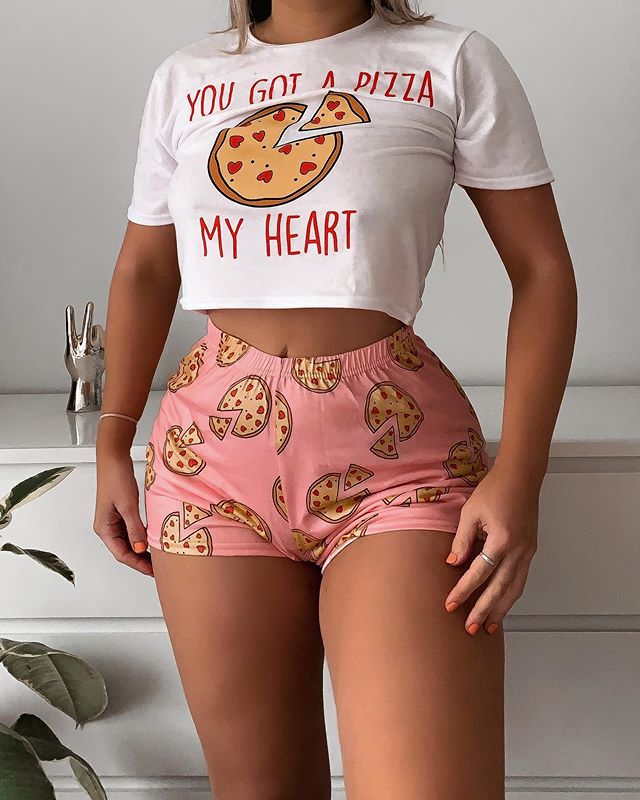 Women Two Short Sleeve Crop Top and Shorts Pizza Pattern  Lounge Wear 2 Nique's Creation