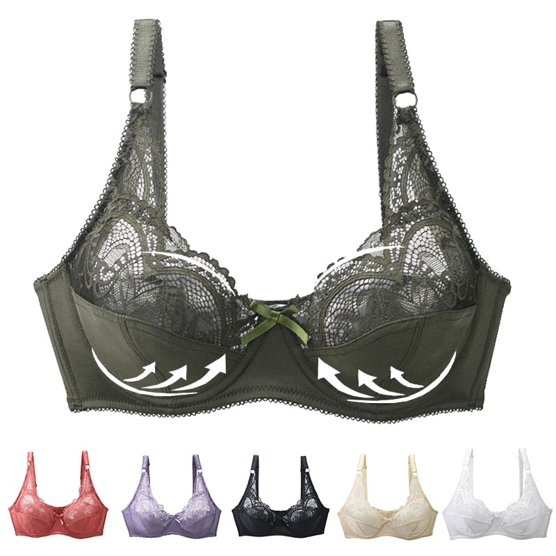 Women Lace Push Up Bras Ultra-thin Perspective Bralette Deep V Lingerie Tops Plus Size.