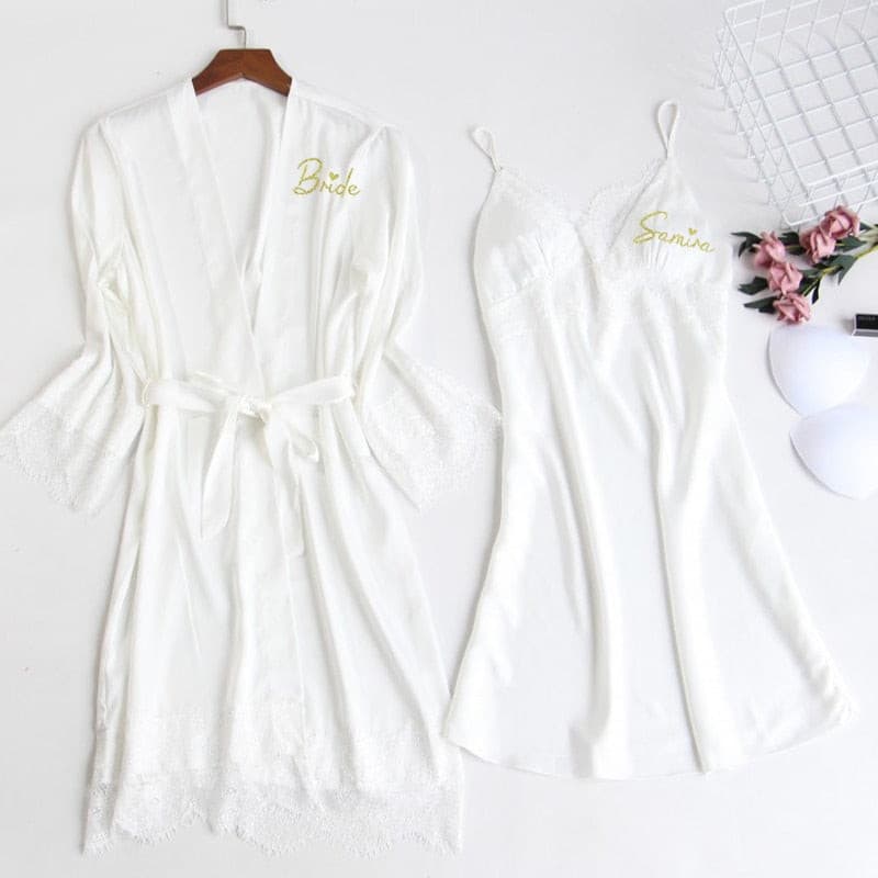 Personalized name Women Kimono Bathrobe Bride Bridesmaid Wedding Robe Set Lace Trim Sleepwear Casual Home Clothes Nightwear 2 Nique's Creation