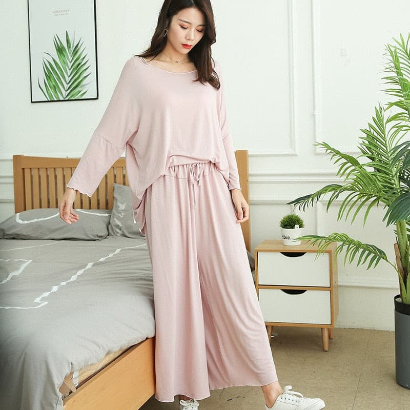 PLUS size women autumn new loose long-sleeved pajamas two-piece set nine-point wide leg pants 2 Nique's Creation