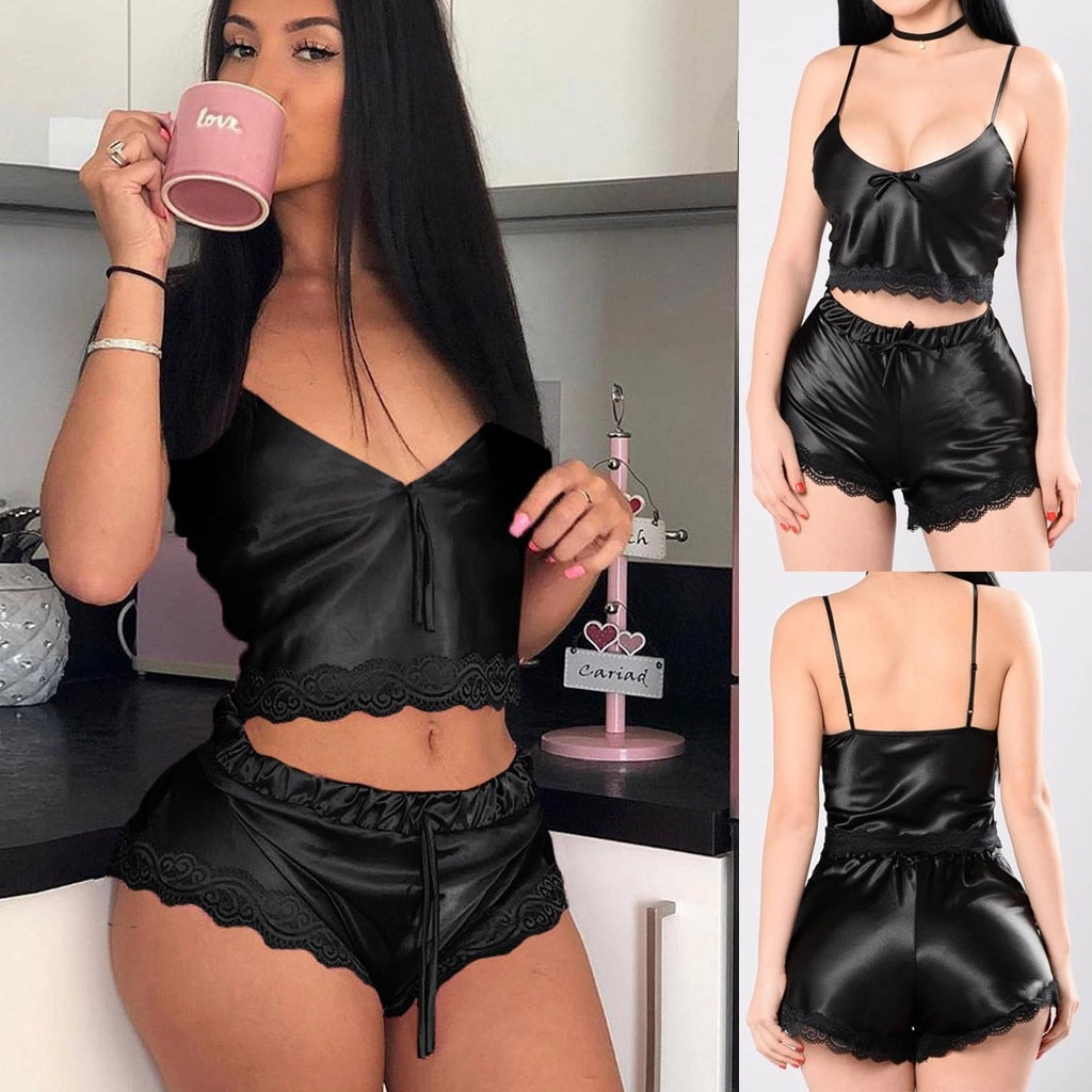 New Sleepwear Set ladies Patchwork lace Seamless Fashion Women Sexy Satin Silk Lace V-neck Camisole Shorts Lingerie Pajamas #W 2 Nique's Creation