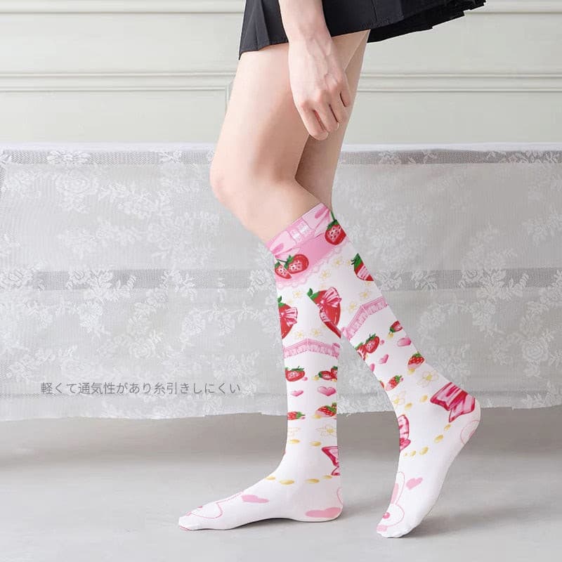 Women Thigh High Stockings 3D Printing Red Strawberry Pink Sweet.