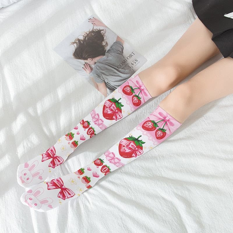 Women Thigh High Stockings 3D Printing Red Strawberry Pink Sweet.