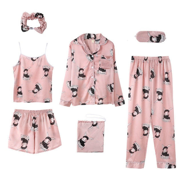 Summer Cartoon Satin Pajamas Sets Women 7pcs/set Long Sleeve Tops Camisole Shorts Cartoons Home Clothing Sexy Sleepwear Mujer 2 Nique's Creation