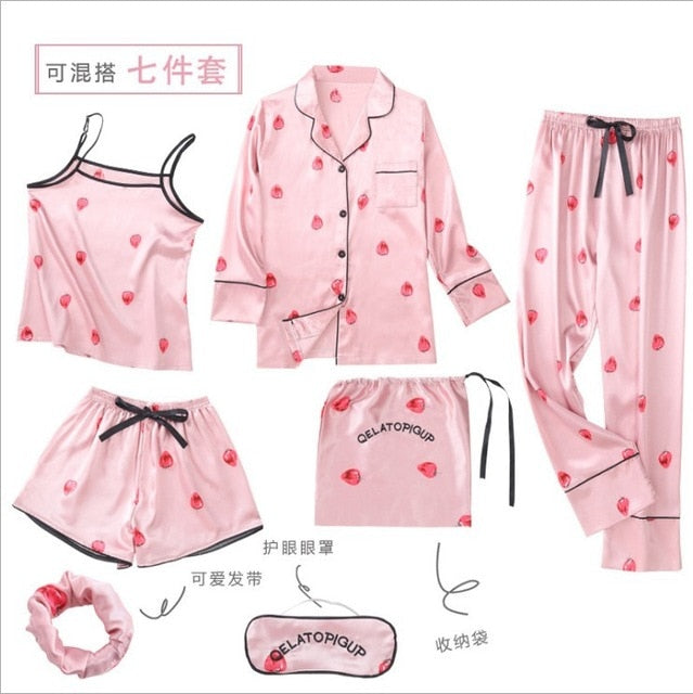 Summer Cartoon Satin Pajamas Sets Women 7pcs/set Long Sleeve Tops Camisole Shorts Cartoons Home Clothing Sexy Sleepwear Mujer 2 Nique's Creation