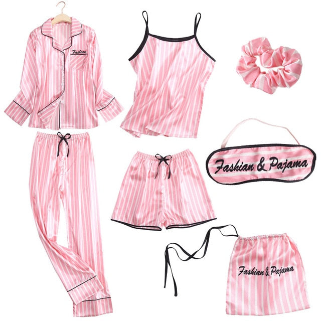 Summer Cartoon Satin Pajamas Sets Women 7pcs/set Long Sleeve Tops Camisole Shorts Cartoons Home Clothing Sexy Sleepwear Mujer 2 Nique's Creation