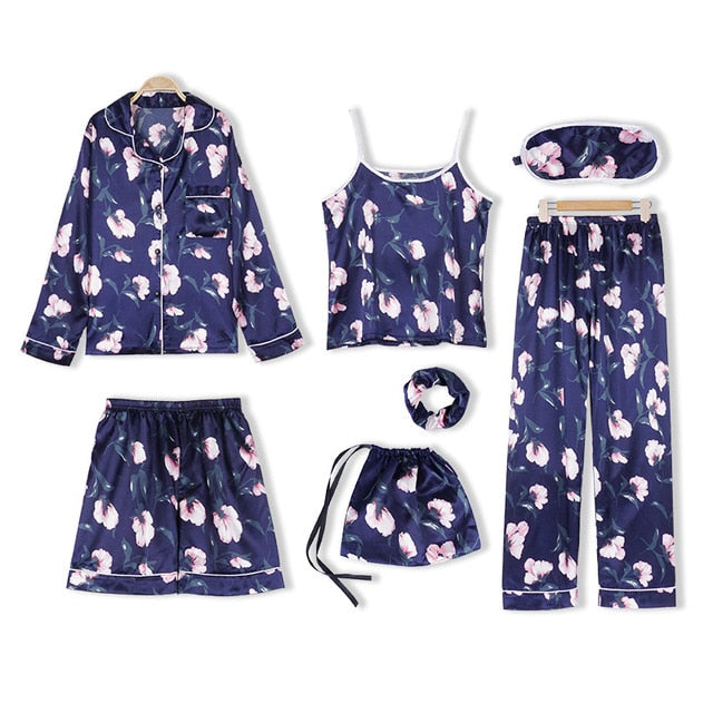 Summer Cartoon Satin Pajamas Sets Women 7pcs/set Long Sleeve Tops Camisole Shorts Cartoons Home Clothing Sexy Sleepwear Mujer 2 Nique's Creation