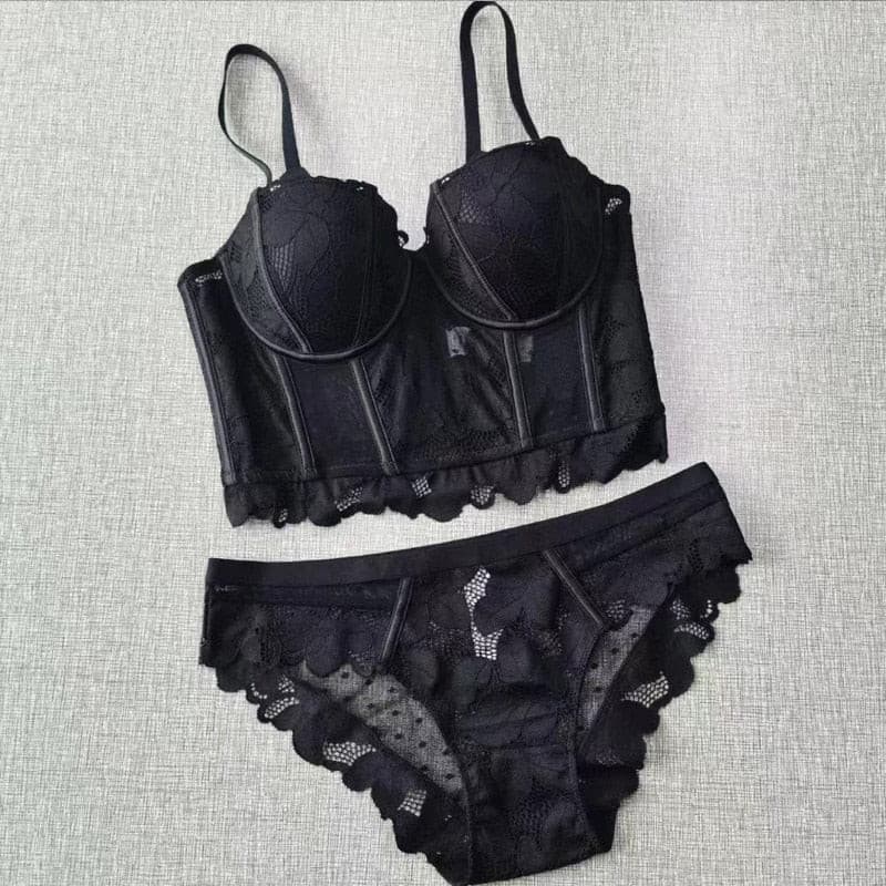 French Lace Embroidery Long Push Up Bra Set Sexy Women Underwear Fish Bone Body Shaper Top Breathable Brassiere and Panties Set.