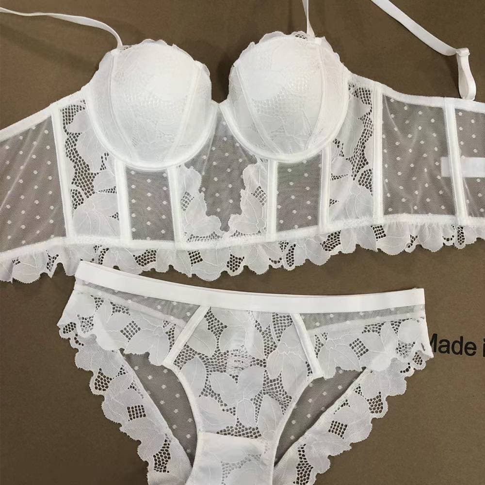 French Lace Embroidery Long Push Up Bra Set Sexy Women Underwear Fish Bone Body Shaper Top Breathable Brassiere and Panties Set.