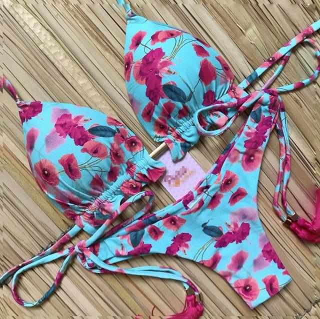 Women Floral Print Bikinis Striped Patchwork Bandage Swimwear 2 Nique's Creation