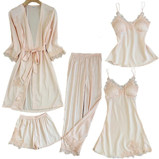 Women's 5pc Satin Lace Pajamas Set Including Robe M-XXL 2 Nique's Creation