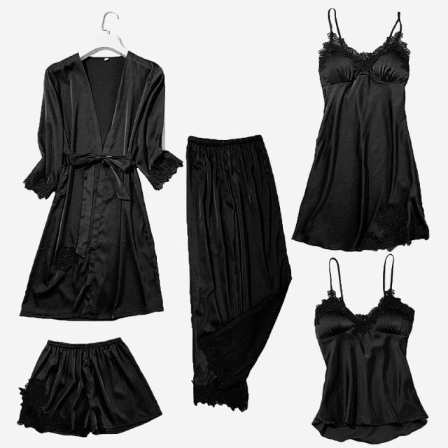 Women's 5pc Satin Lace Pajamas Set Including Robe M-XXL 2 Nique's Creation