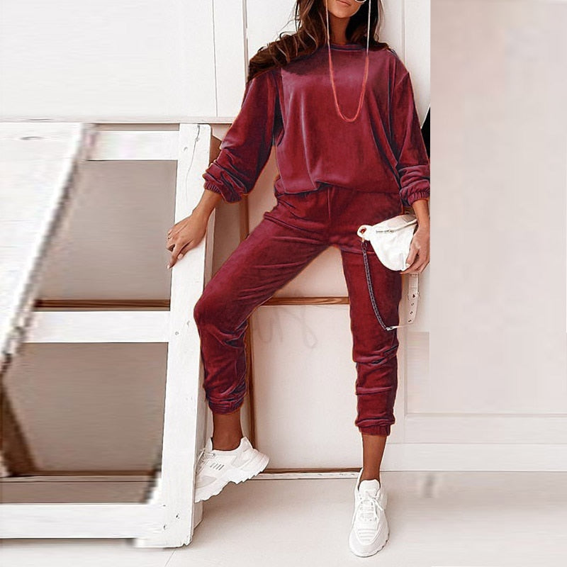 Women Solid O-Neck Long Sleeve Full Pant Suits Velvet Casual Pocket Ladies Sets Loose Loungewear 2 Nique's Creation