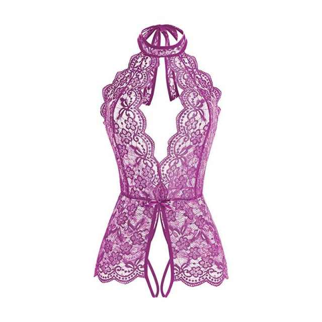 Women Lace Up One Piece Bodysuit Plus Size Transparent Lingerie Crotch Nightwear Cute Bow Teddies 2 Nique's Creation