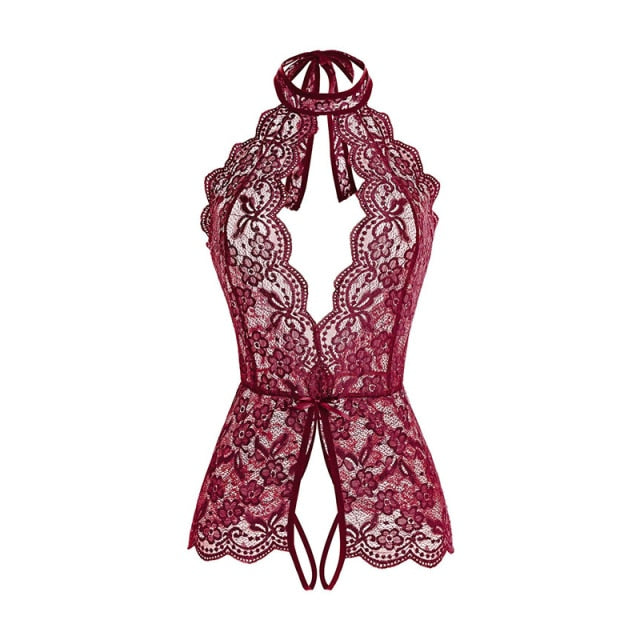 Women Lace Up One Piece Bodysuit Plus Size Transparent Lingerie Crotch Nightwear Cute Bow Teddies 2 Nique's Creation