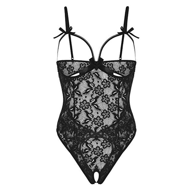 Women Lace Up One Piece Bodysuit Plus Size Transparent Lingerie Crotch Nightwear Cute Bow Teddies 2 Nique's Creation