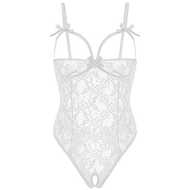 Women Lace Up One Piece Bodysuit Plus Size Transparent Lingerie Crotch Nightwear Cute Bow Teddies 2 Nique's Creation