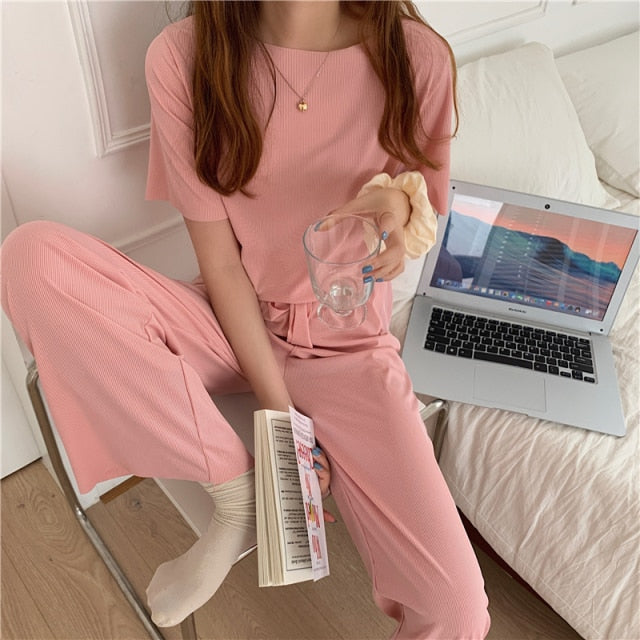 NEW 2 Piece Sets Women Pajamas Sleepwear T Shirt Pants Wide Leg 2 Nique's Creation