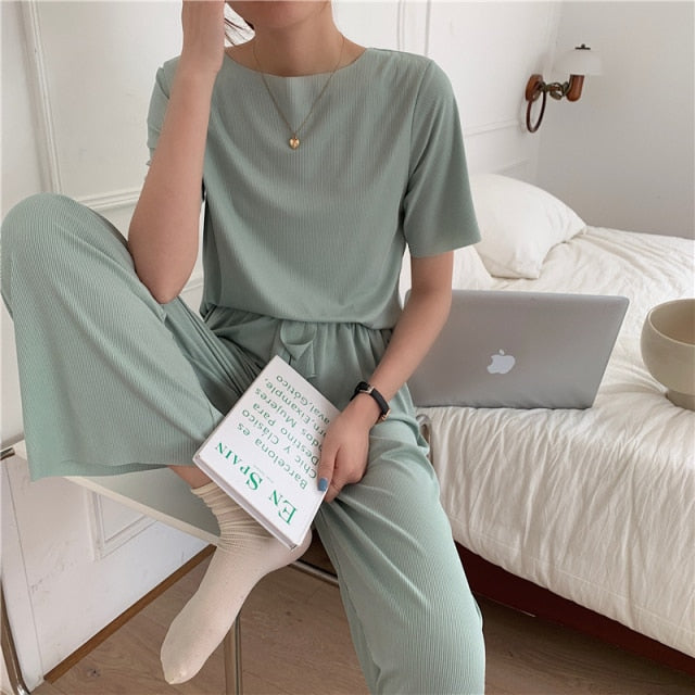 NEW 2 Piece Sets Women Pajamas Sleepwear T Shirt Pants Wide Leg 2 Nique's Creation